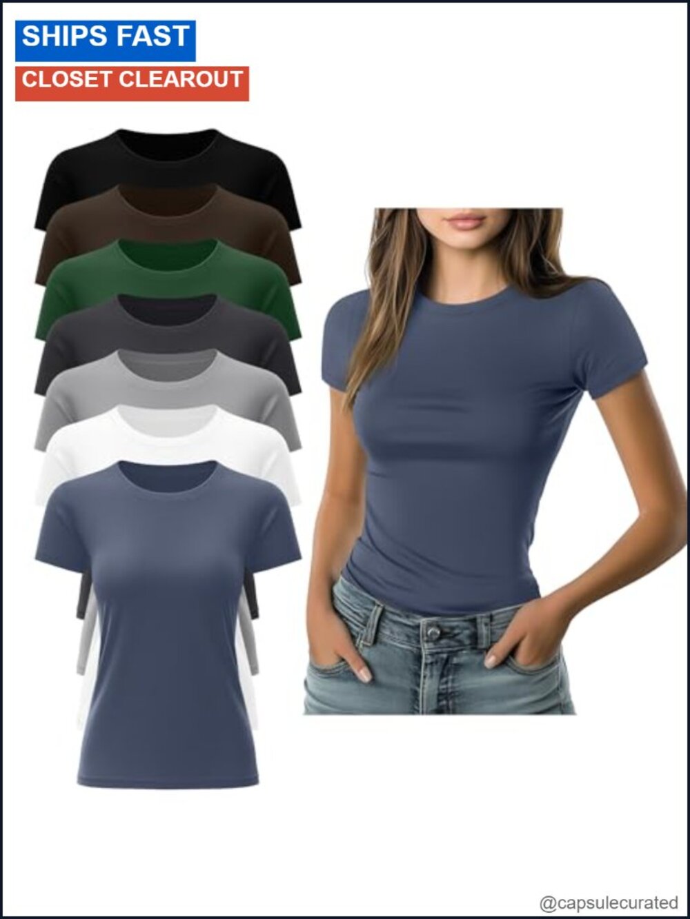 Womens 7 Pack Crew Neck Fitted Short Sleeve T-Shirts Cotton Blend